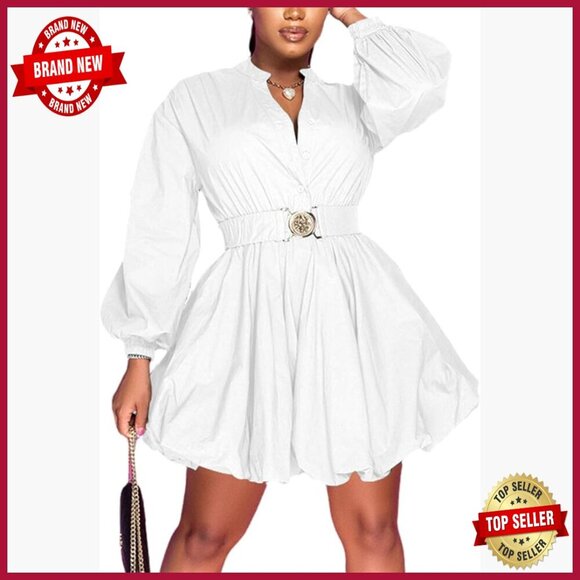 Dresses & Skirts - Button Down Shirt Dress Long Sleeve A-Line Mini with Belt Casual